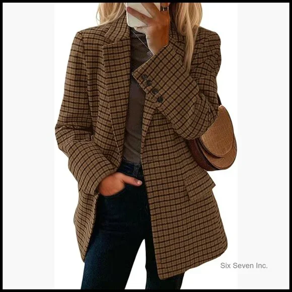 Wool Blend Blazer with Notched Lapel Collar and Functional Pockets - Picture 1 of 7